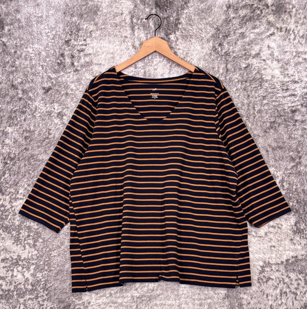 New J Jill Top 2X Womens Forward Seam Tee Navy Blue Gold Stripe Plus Size